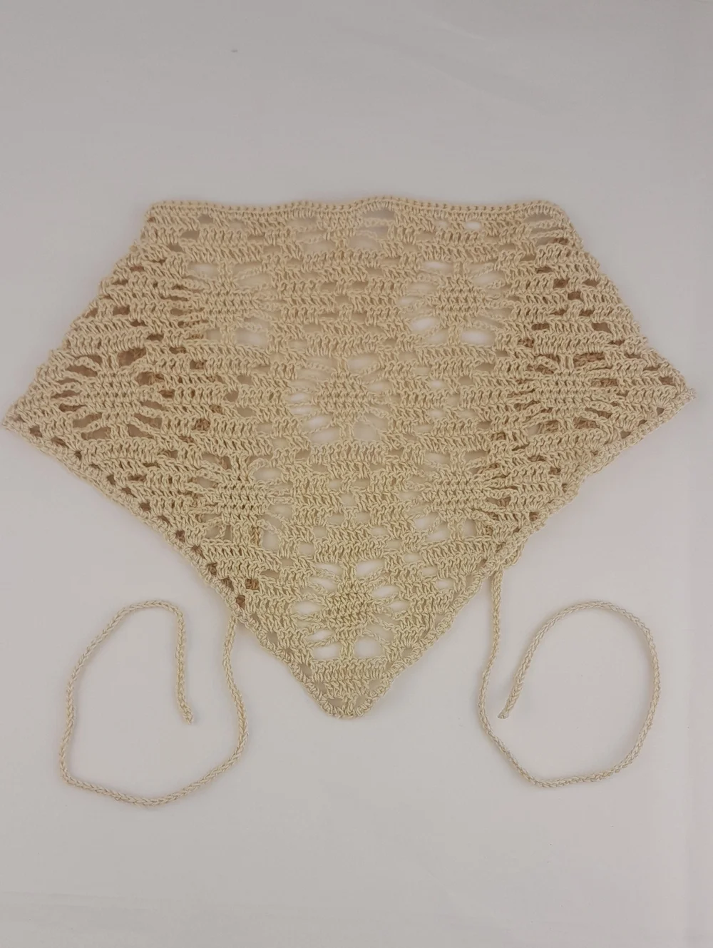 Handcrafted Crocheted Cream Patterned Filet Head Bandana Kerchief Tie Back